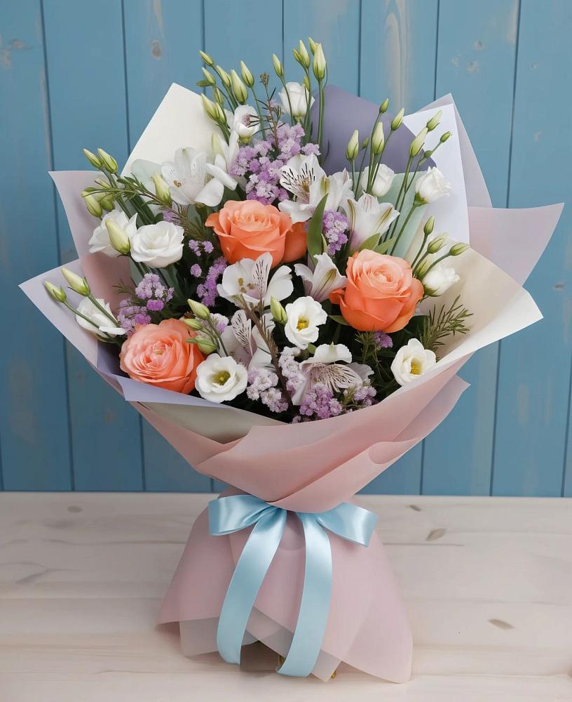 Букет цветов из: Лизиантусы, Розы, Альстромерии и Гипсофила в Уват